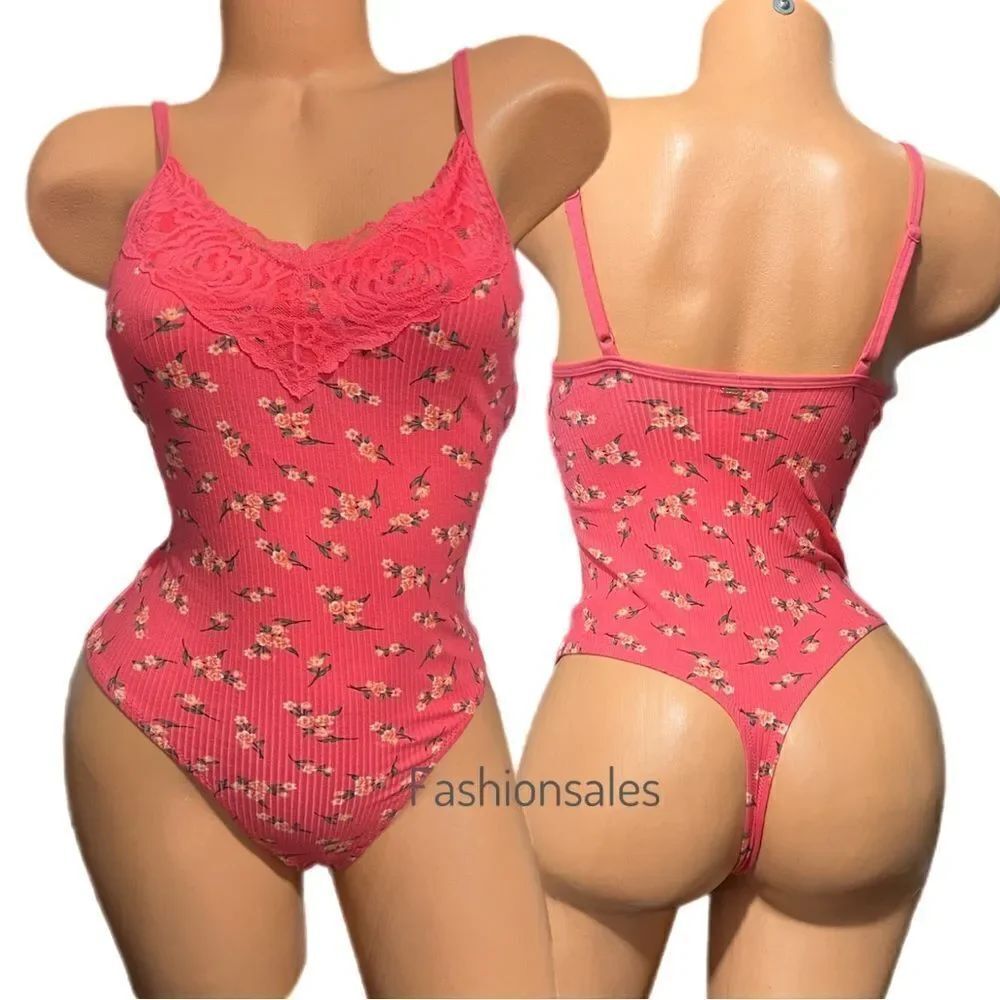 Victorias Secret Pink Ribbed Soft Cotton Short Sleev Bodysuit Top coral floral S